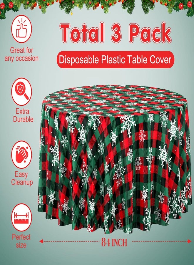 Jectivs 3Pcs Christmas Buffalo Plaid Snowflake Party Tablecloths Decorations,Plastic Red and Green Checkered Round Table Cover for Winter Christmas New Year Birthday Holiday Party Decorations,84 inch - Image 2